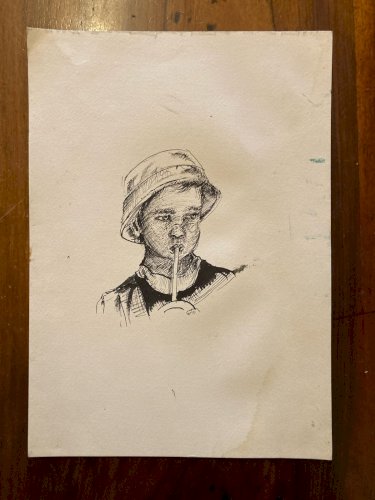 Dessin Portrait jeune Garçon Enfant  encre 1980 A Identifier Art Tête