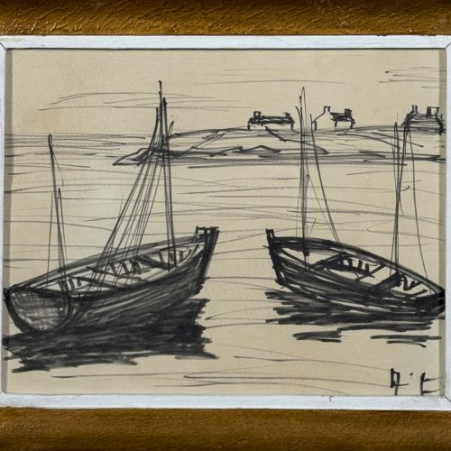 Dessin représentant deux barques milieu XXe monogramme AT A5843