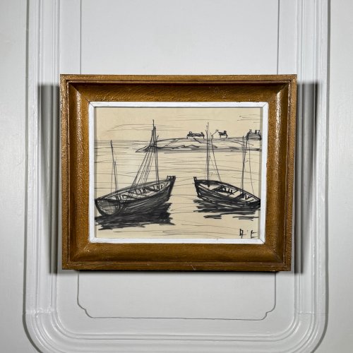 Dessin représentant deux barques milieu XXe monogramme AT A5843