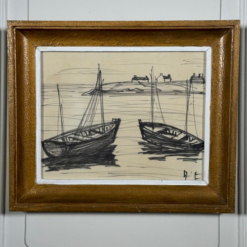 Dessin représentant deux barques milieu XXe monogramme AT A5843