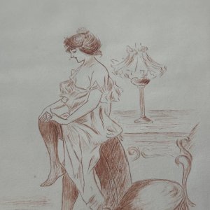 Dessin sanguine XXe représentant une femme aux bas devant un bureau L1041