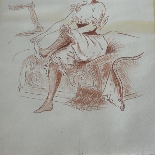 Dessin sanguine XXe représente une femme à sa toilette assise sur un lit L1042