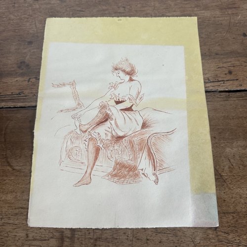 Dessin sanguine XXe représente une femme à sa toilette assise sur un lit L1042