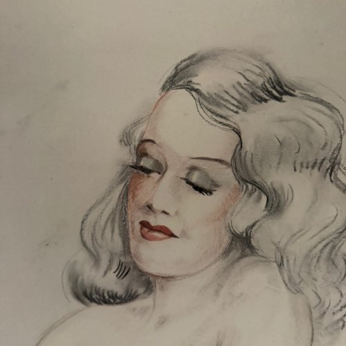 Dessin sur papier 1900 buste de femme nue monogramme A5562