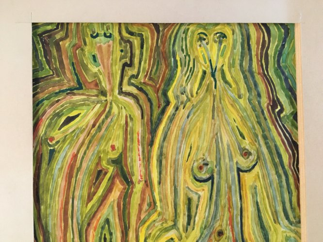Dessin Surréaliste Gouache Papier Jacques Allonsius 1974 Adam Et Eve