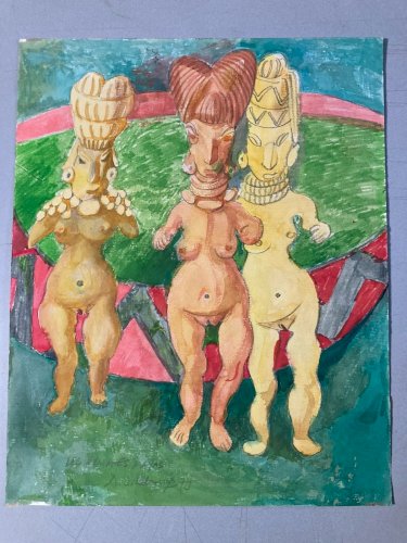Dessin Surréaliste Gouache Papier Jacques Allonsius 1979 Nymphes Maya
