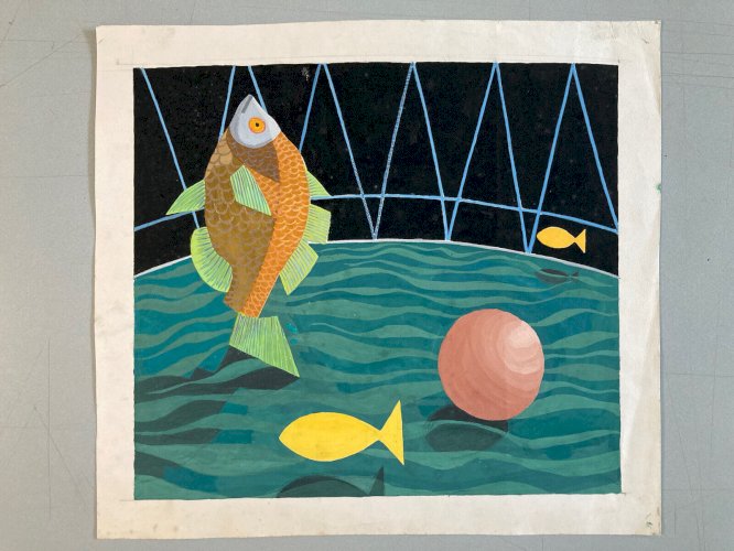 Dessin Surréaliste Gouache Papier Poison Aquarium 1960 A Identifier