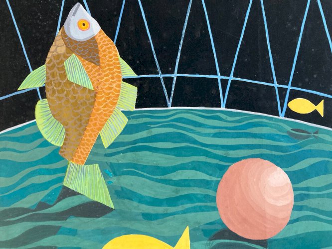 Dessin Surréaliste Gouache Papier Poison Aquarium 1960 A Identifier