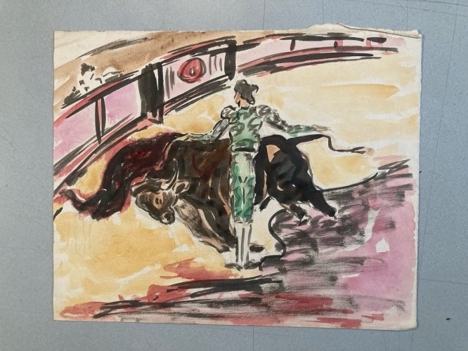 Dessin Taureau Arène Animal A Identifier Peinture Matador Espagne Art 1960