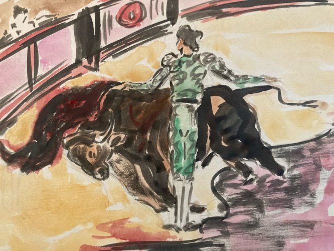 Dessin Taureau Arène Animal A Identifier Peinture Matador Espagne Art 1960
