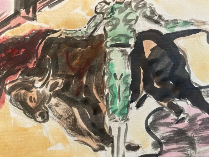 Dessin Taureau Arène Animal A Identifier Peinture Matador Espagne Art 1960