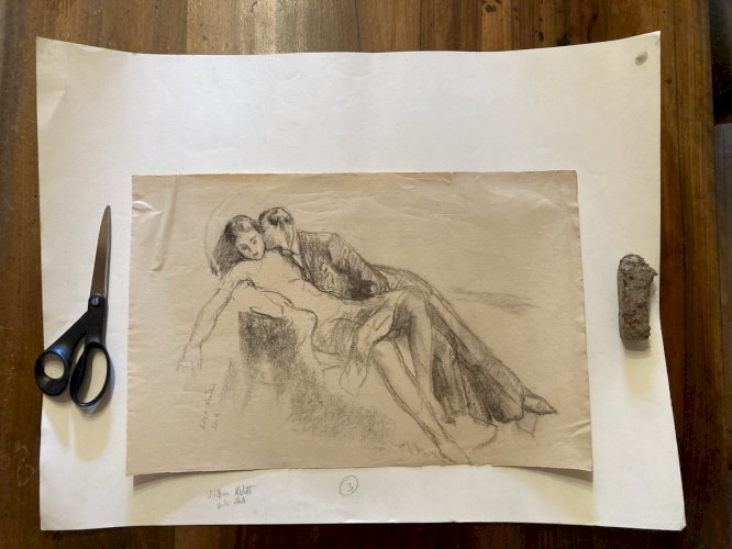 Dessin William Ablett Ancien Crayon Papier Femme classique 1920 Drawing Art Deco