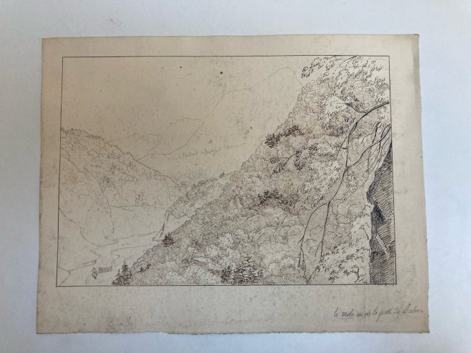 Dessin XIXe 1820 Encre Crayon Montagne Le Mole Grotte De Balme Ancien