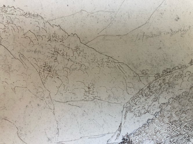 Dessin XIXe 1820 Encre Crayon Montagne Le Mole Grotte De Balme Ancien