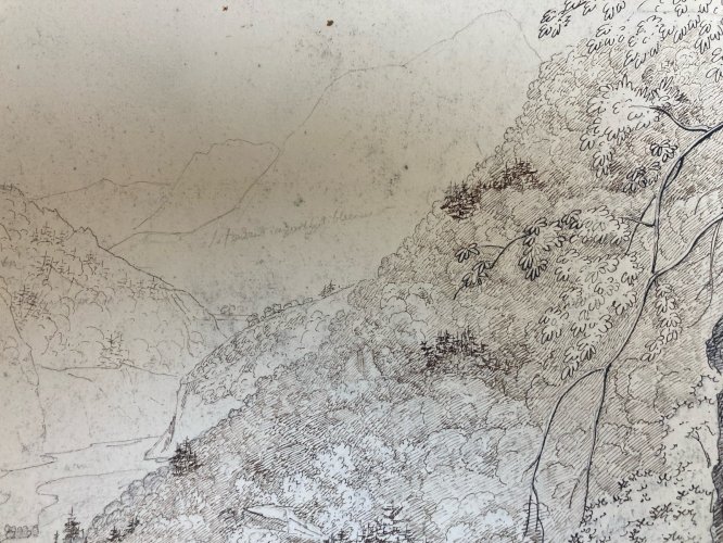 Dessin XIXe 1820 Encre Crayon Montagne Le Mole Grotte De Balme Ancien