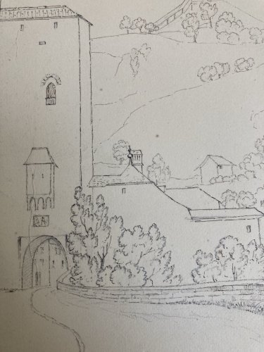 Dessin XIXe 1827 Encre A Identifier Porte De Berne À Fribourg Ancien