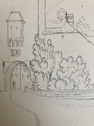 Dessin XIXe 1827 Encre A Identifier Porte De Berne À Fribourg Ancien