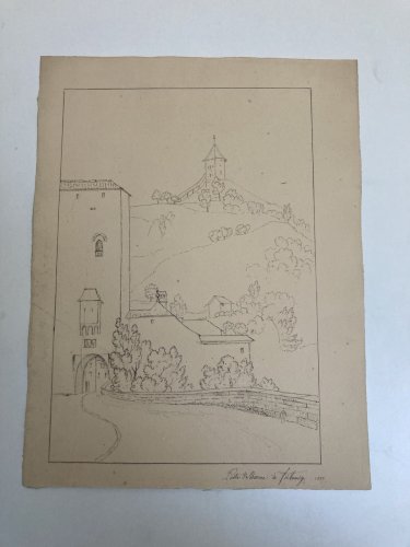 Dessin XIXe 1827 Encre A Identifier Porte De Berne À Fribourg Ancien