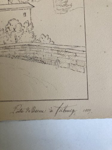 Dessin XIXe 1827 Encre A Identifier Porte De Berne À Fribourg Ancien