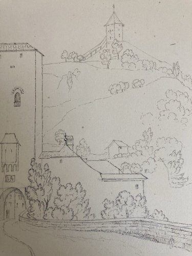 Dessin XIXe 1827 Encre A Identifier Porte De Berne À Fribourg Ancien