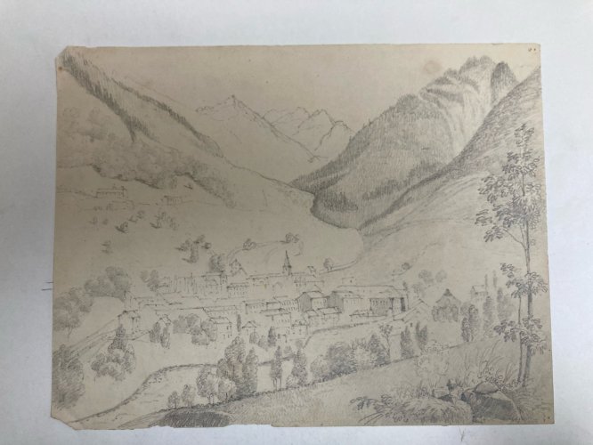Dessin XIXe 1830 Crayon A Identifier Chamonix Ancien Arbre Mont Blanc