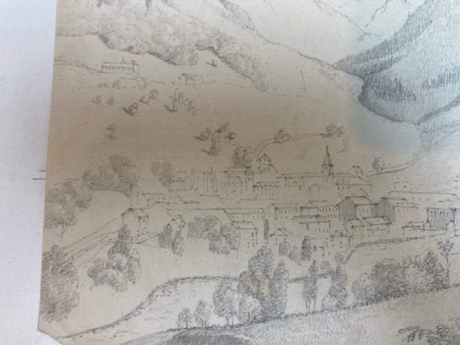 Dessin XIXe 1830 Crayon A Identifier Chamonix Ancien Arbre Mont Blanc