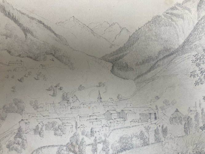 Dessin XIXe 1830 Crayon A Identifier Chamonix Ancien Arbre Mont Blanc