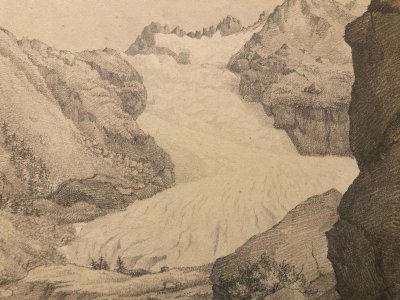Drawing XIX 1830 Pencil To Identify Rhône Glacier Switzerland Alps Old Furka
