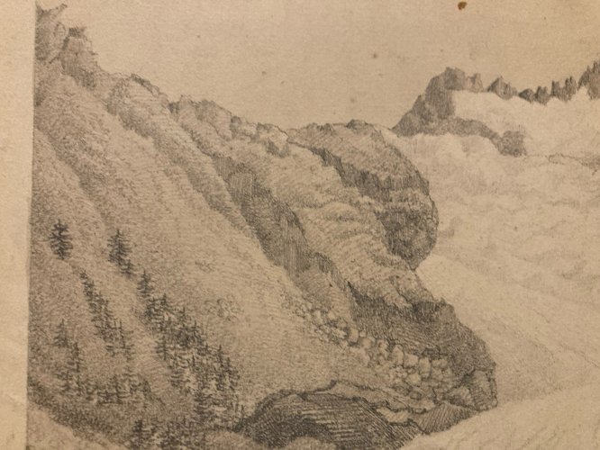 Dessin XIXe 1830 Crayon A Identifier Glacier Du Rhône Suisse Alpes Ancien Furka