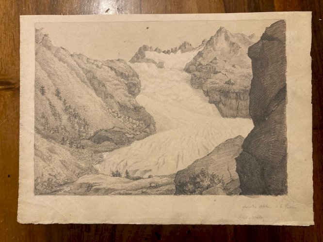 Dessin XIXe 1830 Crayon A Identifier Glacier Du Rhône Suisse Alpes Ancien Furka