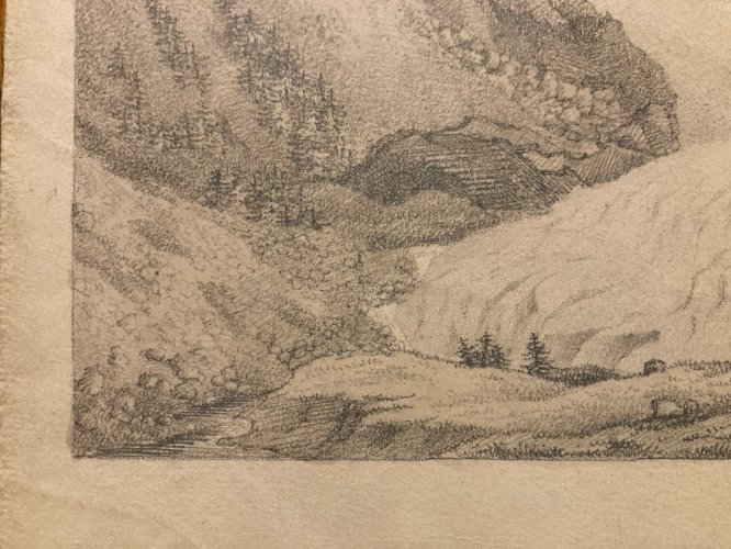 Dessin XIXe 1830 Crayon A Identifier Glacier Du Rhône Suisse Alpes Ancien Furka