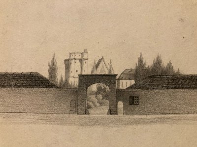 Dessin XIXe 1830 Crayon Porte Fortifier Rampart Art Ancien Château