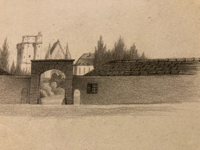 Dessin XIXe 1830 Crayon Porte Fortifier Rampart Art Ancien Château