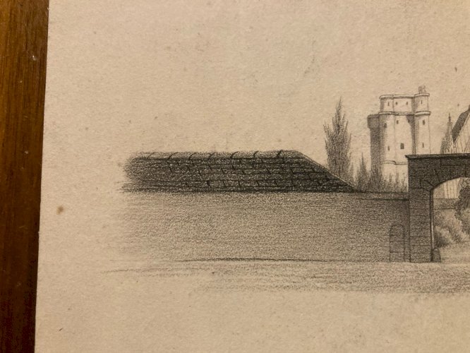 Dessin XIXe 1830 Crayon Porte Fortifier Rampart Art Ancien Château