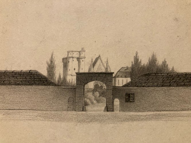 Dessin XIXe 1830 Crayon Porte Fortifier Rampart Art Ancien Château