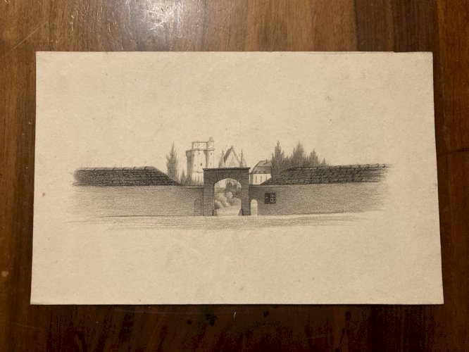 Dessin XIXe 1830 Crayon Porte Fortifier Rampart Art Ancien Château