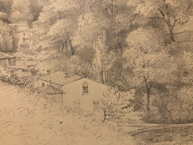 Dessin XIXe 1830 Crayon Royat Puy De Dôme Montagne Art Ancien Village