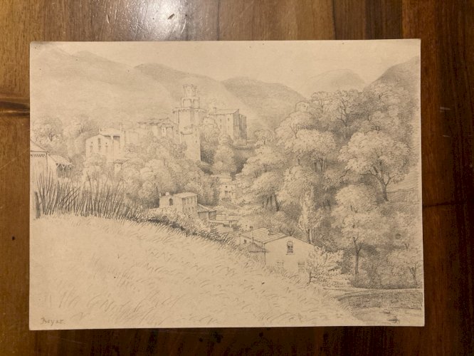 Dessin XIXe 1830 Crayon Royat Puy De Dôme Montagne Art Ancien Village