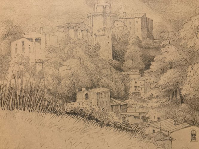 Dessin XIXe 1830 Crayon Royat Puy De Dôme Montagne Art Ancien Village