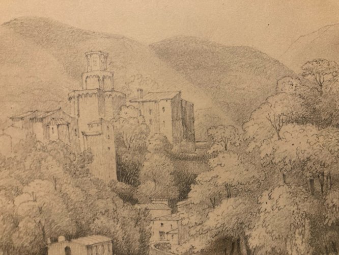 Dessin XIXe 1830 Crayon Royat Puy De Dôme Montagne Art Ancien Village