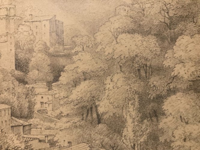 Dessin XIXe 1830 Crayon Royat Puy De Dôme Montagne Art Ancien Village