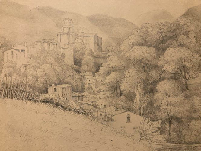 Dessin XIXe 1830 Crayon Royat Puy De Dôme Montagne Art Ancien Village