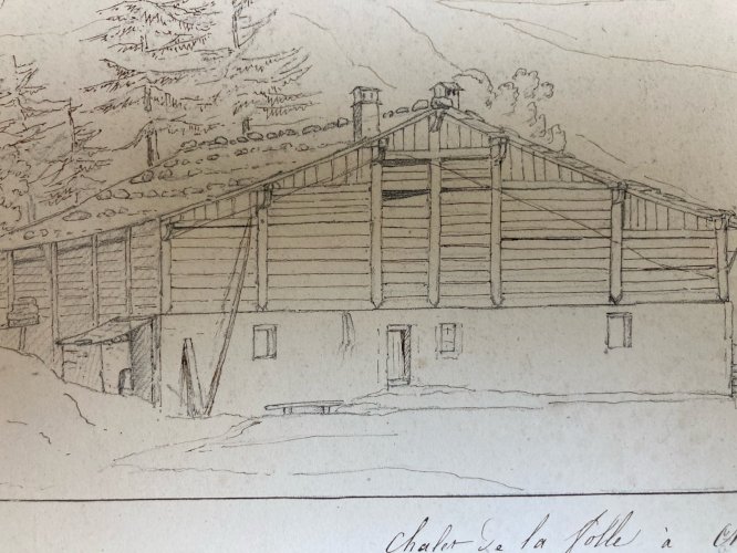 Dessin XIXe 1830 Encre A Identifier Chamonix Chalet De La Folle Mont Blanc