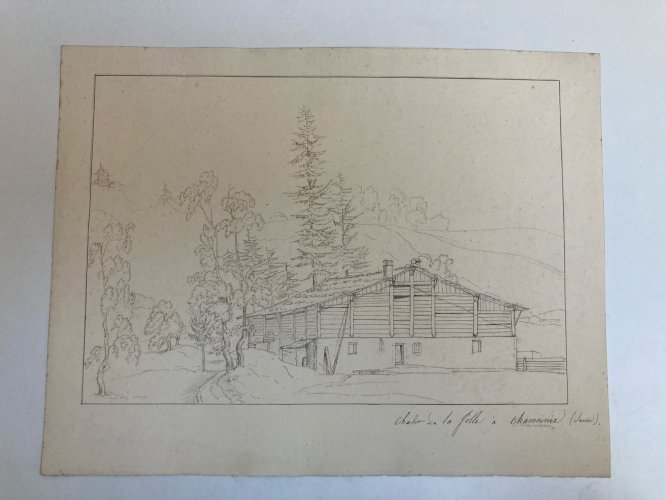 Dessin XIXe 1830 Encre A Identifier Chamonix Chalet De La Folle Mont Blanc