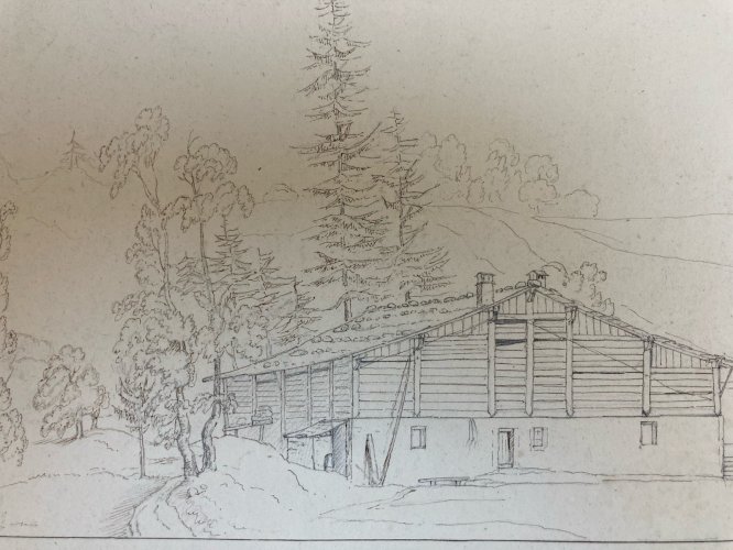 Dessin XIXe 1830 Encre A Identifier Chamonix Chalet De La Folle Mont Blanc
