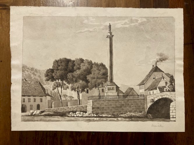 Dessin XIXe 1830 Encre Lavis Colonne Charles Félix Bonneville Savoie