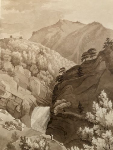Dessin XIXe 1830 Encre Lavis Peinture Suisse ? Cascade Ancien Alpes