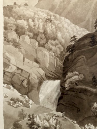 Dessin XIXe 1830 Encre Lavis Peinture Suisse ? Cascade Ancien Alpes