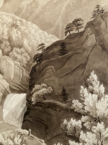Dessin XIXe 1830 Encre Lavis Peinture Suisse ? Cascade Ancien Alpes
