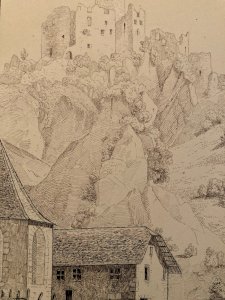 Dessin XIXe 1830 Encre Peinture Suisse ? Chateau Ruines Ancien Alpes
